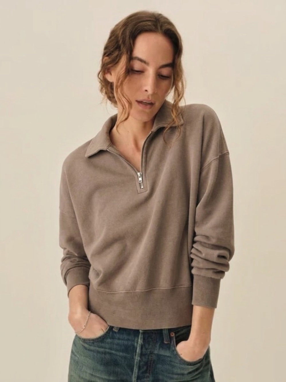 Buck Mason Women’s Cropped Quarter Zip Sweatshirt Small Brown Fall Autumn Cozy